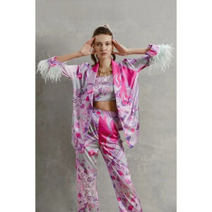 Revolve X Lola Frida X  Oceanus "Frida" Pink Silk with Ostrich Feathers Set S